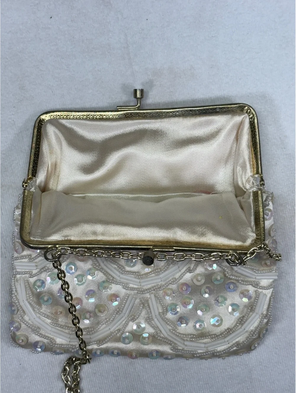 Vintage White Beaded Evening Bag with Chain Strap Made in Hong Kong
